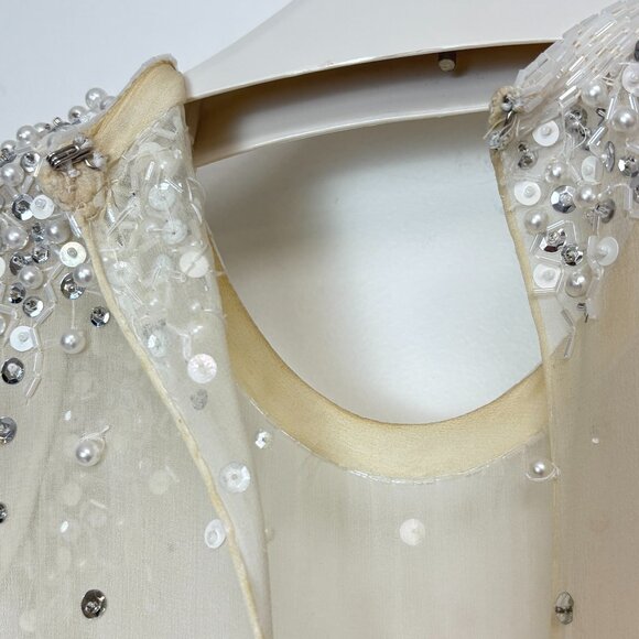 Women’s Vintage-Inspired Off-White/Cream Embellished Silk Dress W/Lettuce Hem - Picture 9 of 16